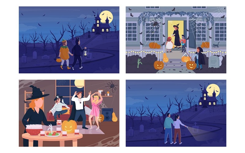 Halloween natt firande färg vektor illustration set