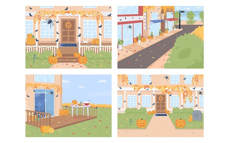 Kültéri Halloween dekorációk lapos színű vektoros illusztráció készlet