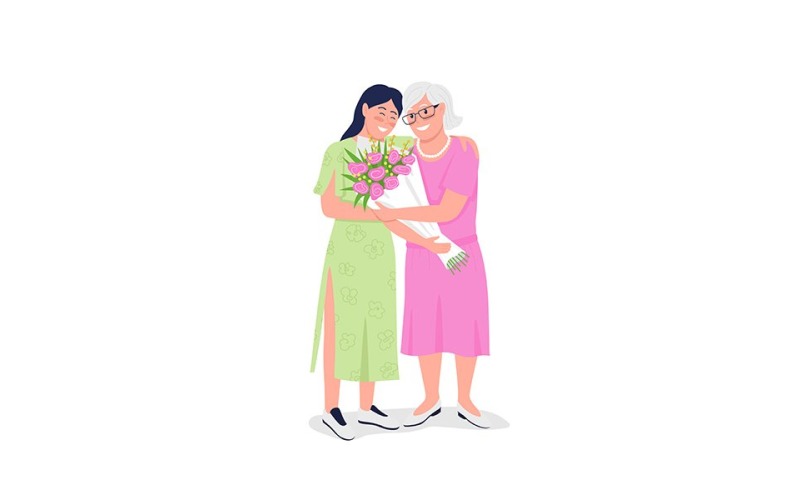 Feliz anciana madre con hija adulta vector de color plano personajes detallados
