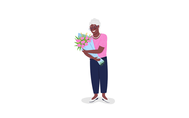 Feliz mujer afroamericana madura con flores color plano vector carácter detallado