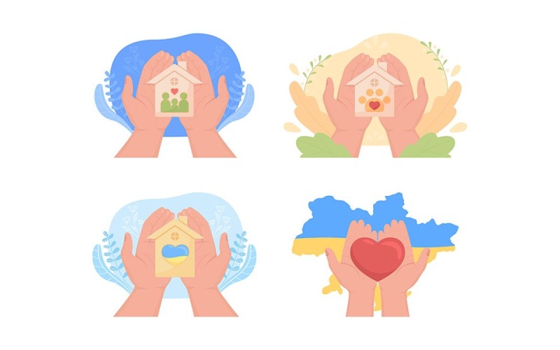 Salvataggio di animali e famiglie ucraini Set di illustrazioni isolate vettoriali 2D