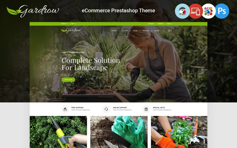Szablon PrestaShop do ogrodu, roślin i narzędzi Gardrow