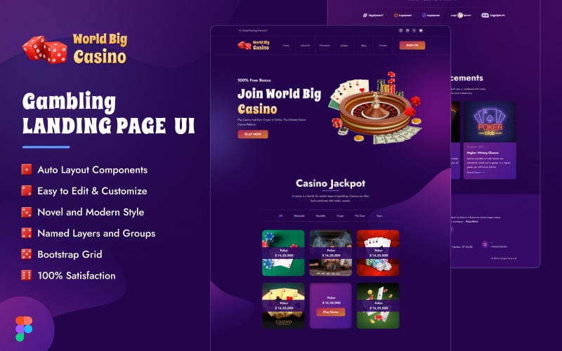 World Big Casino - 全新赌博 UI Figma 登陆模板