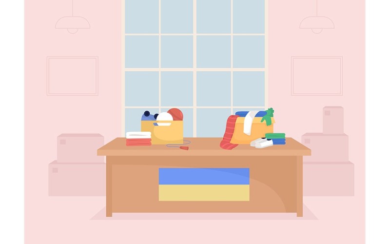Alapvető ruházat gyűjtése ukrán menekülteknek, lapos színes vektoros illusztráció