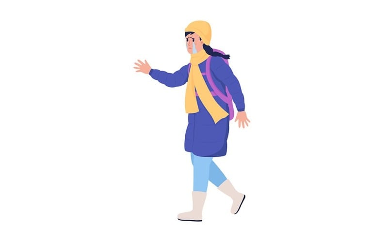 Дівчина-біженець зі сльозами тікає від війни напів однорідного кольору векторний персонаж