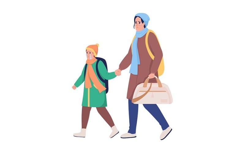 Madre con hijo huyendo de personajes vectoriales de color semiplano de guerra