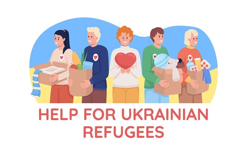 Pomoc dla ukraińskich uchodźców 2D ilustracji wektorowych na białym tle