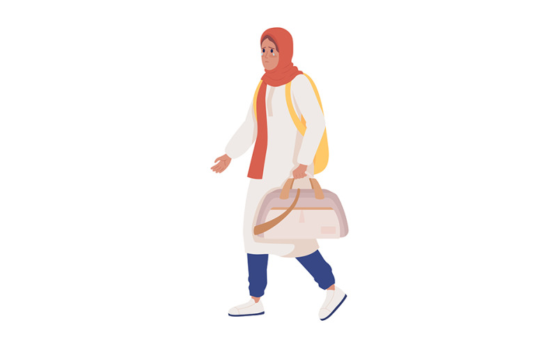 Requerente de asilo feminino com bagagem e mochila personagem de vetor de cor semi plana