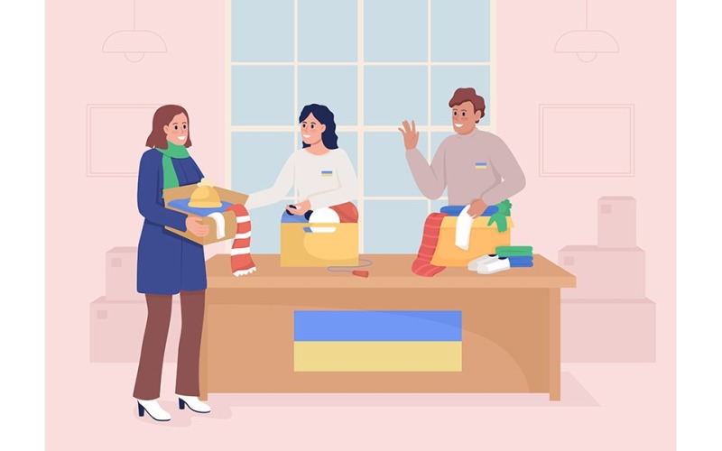 Woman donating clothing to ukrainian refugees flat color vector