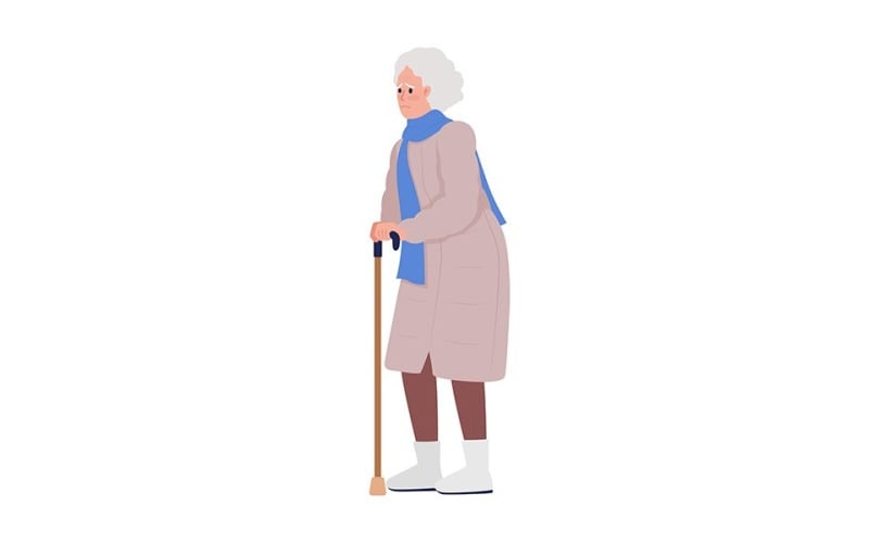 Donna anziana preoccupata con caratteri vettoriali a colori semi piatti con bastone da passeggio