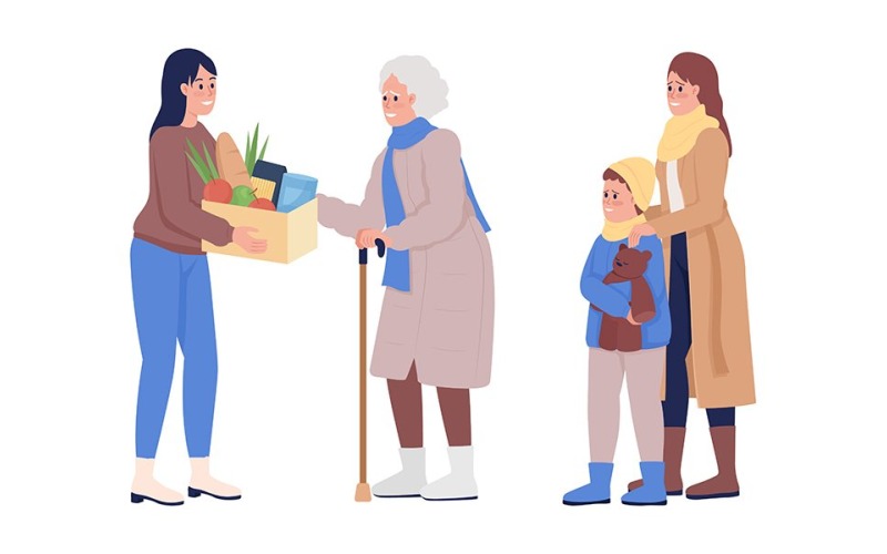 Famille de réfugiés recevant de l'aide humanitaire personnages vectoriels de couleur semi-plat