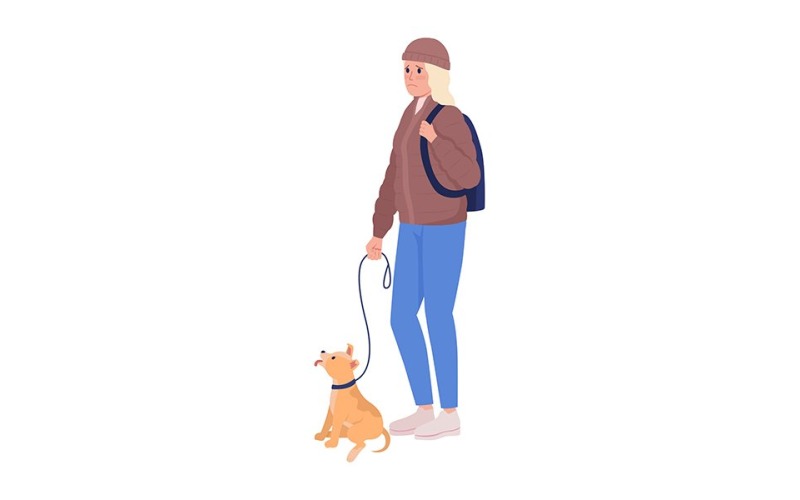 Küçük köpek tasmalı yarı düz renk vektör karakteri olan üzgün genç kadın