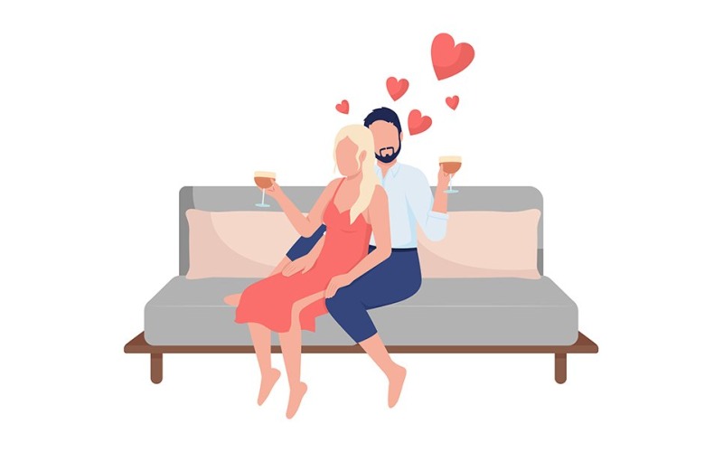 Casal comemorando aniversário de personagens vetoriais de cores semi planas