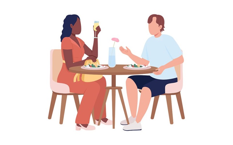 Restoran yarı düz renk vektör karakterlerinde masada oturan konuklar