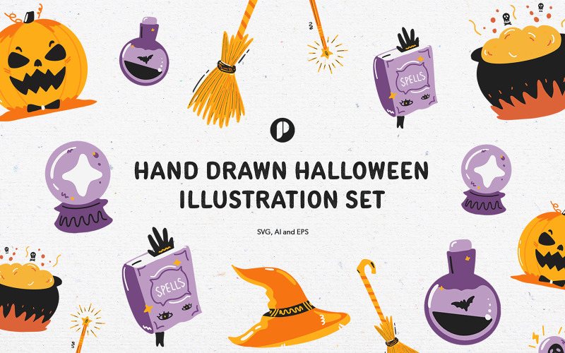 Ensemble d'illustrations d'Halloween dessinées à la main pétillantes