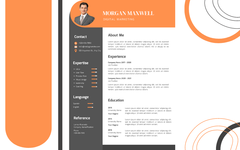 Modèle de CV de marketing numérique professionnel gris et orange