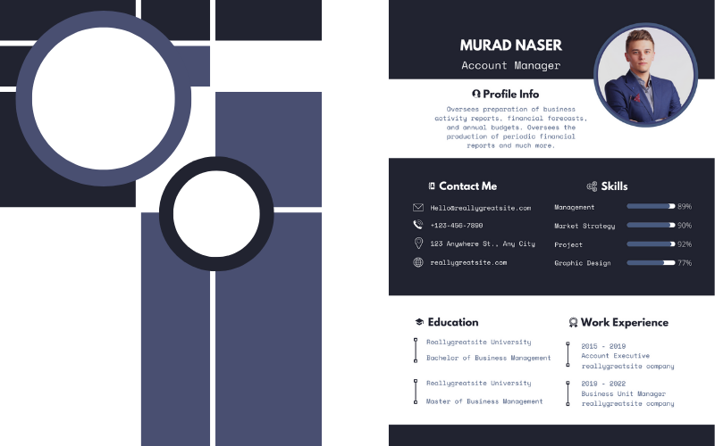 Plantilla de currículum profesional de marketing digital azul oscuro y blanco