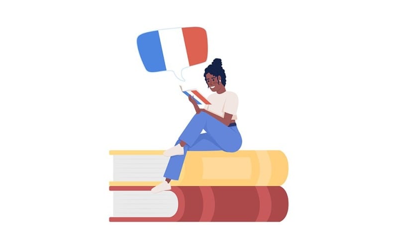 Dívka čtoucí francouzský román semi plochý barevný vektorový charakter