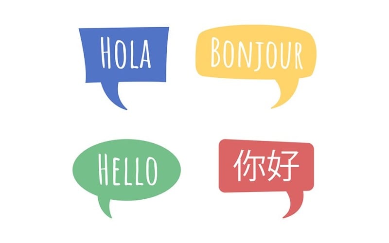 Dizendo olá em diferentes idiomas conjunto de bolhas de fala de vetor de cores semi planas