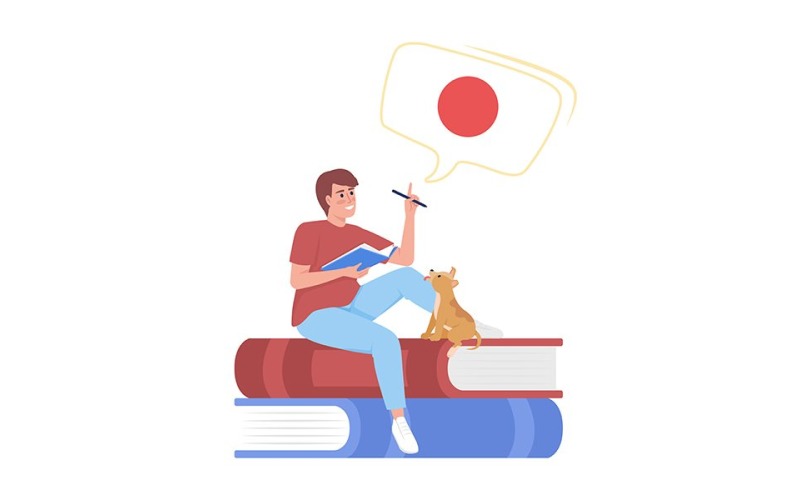 Jonge man die zelf Japans leert semi-egale kleur vectorkarakter