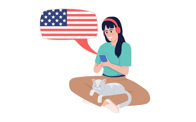 Jonge vrouw luisteren naar Amerikaans Engels cursus semi-egale kleur vector karakter
