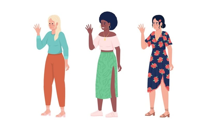 Mujeres sonrientes agitando las manos conjunto de caracteres vectoriales de color semiplano