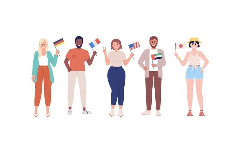 Personnes avec des drapeaux de pays caractères vectoriels de couleur semi-plat