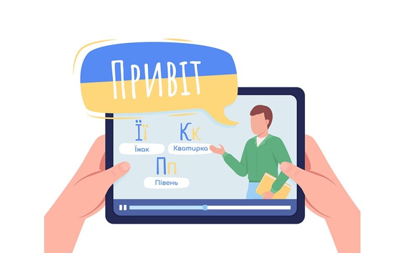 Schüler lernen ukrainische Sprache mit halbflachen Farbvektorzeichen des Online-Tutors