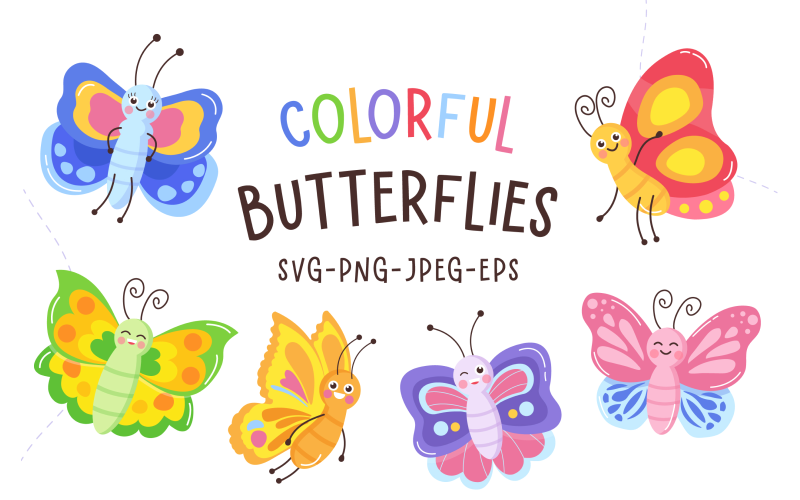 Conjunto de ilustrações coloridas de borboletas fofas