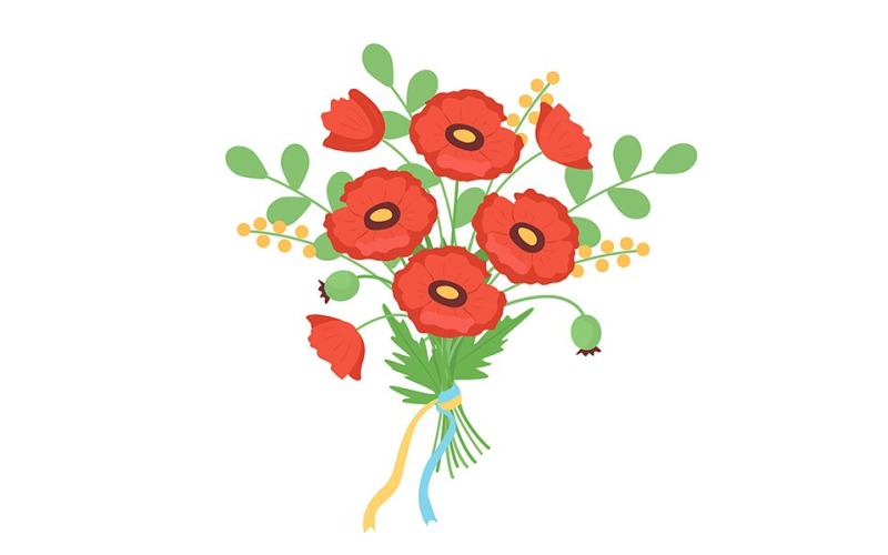 Bukett med vallmo blommor och band semi platt färg vektor objekt