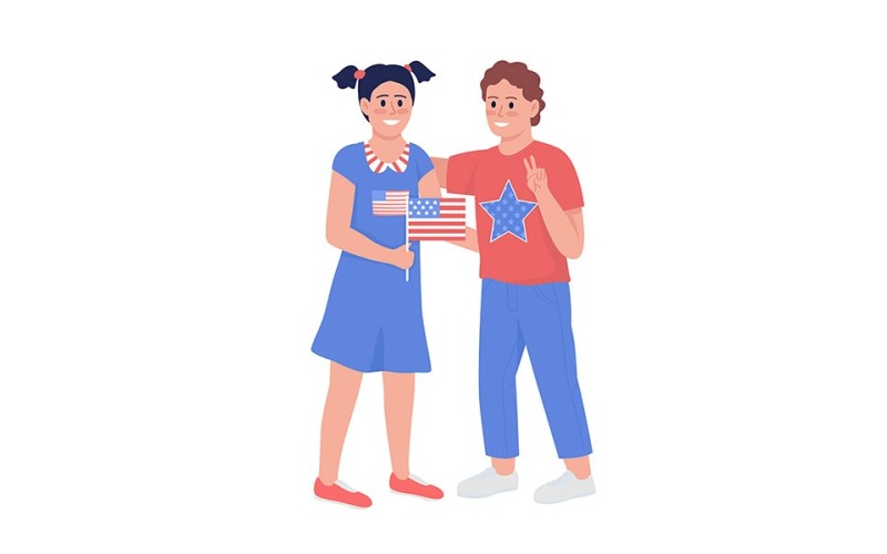 Crianças felizes com personagens vetoriais de cores semi planas da bandeira americana