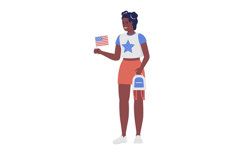 Junge Frau mit flachem Farbvektorcharakter der amerikanischen Flagge
