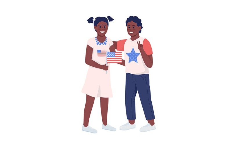 Kinder mit halbflachen Farbvektorzeichen der amerikanischen Nationalflagge