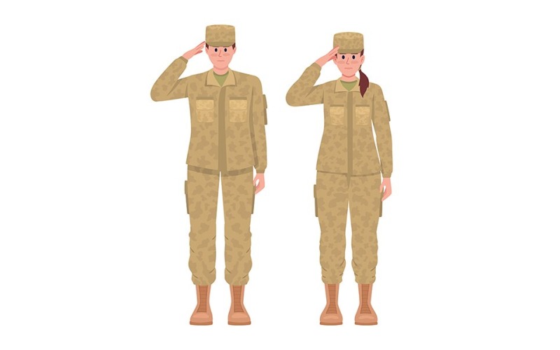 男女士兵敬礼半平面彩色矢量字符
