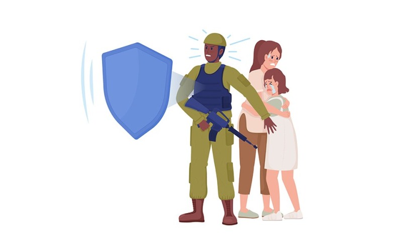 Militante em personagens vetoriais de cores semi planas de jaqueta armada