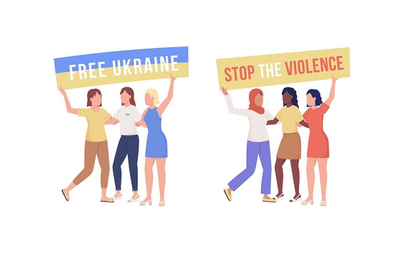 Protesterende vrouwen semi-egale kleur vector tekens set
