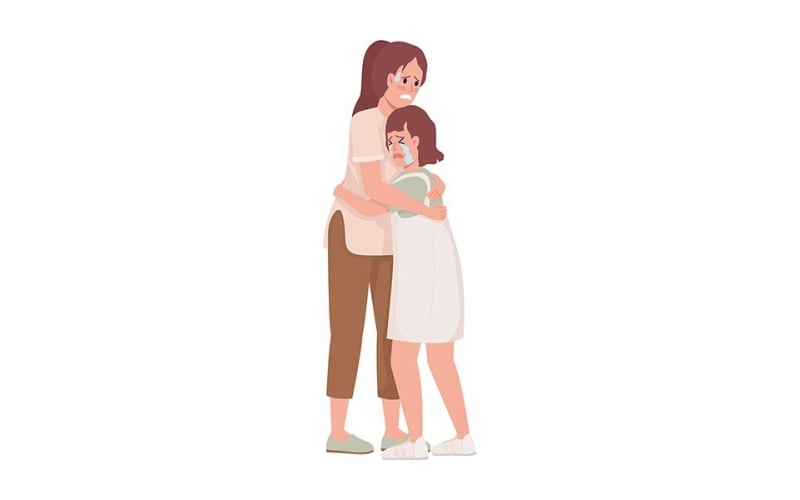 Rädd mamma och dotter semi platt färg vektor tecken