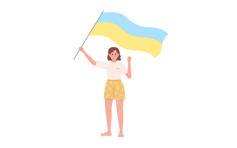 Senhora segurando o personagem de vetor de cor semi plana da bandeira ucraniana