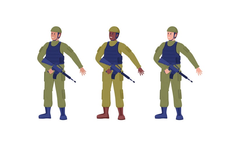 Soldados em conjunto de caracteres vetoriais de cores semi planas de uniforme militar