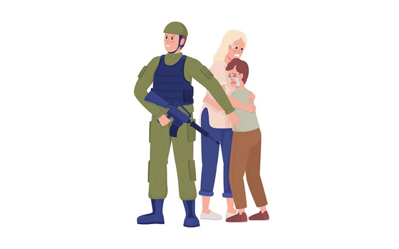 Żołnierz chroni rodzinne, półpłaskie kolorowe postacie wektorowe