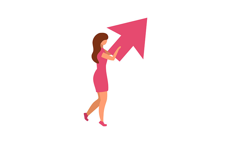 Beautiful woman with arrow pointing up semi flat color vector character