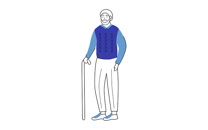 Elegant senior man with walking stick semi flat color vector character