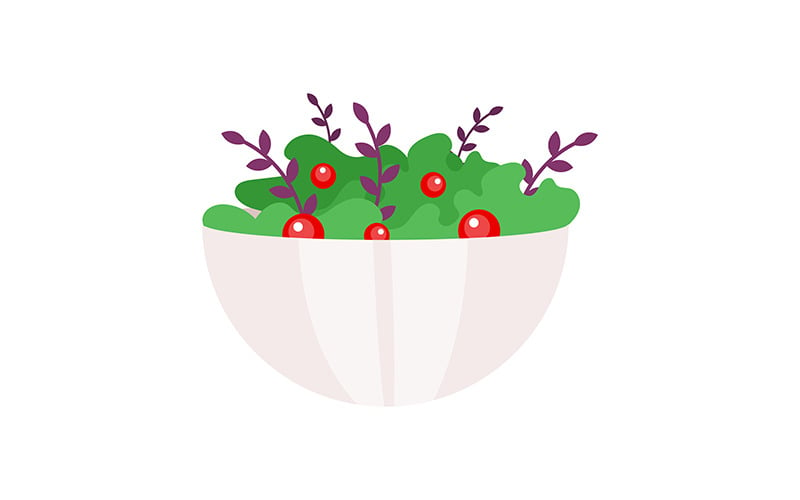 Зелений салат з помідорами напівплоский кольоровий векторний об'єкт