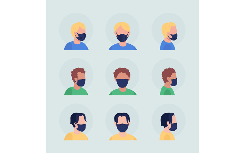 Avatar de personnage de vecteur de couleur semi-plat de protection contre les virus avec jeu de masques