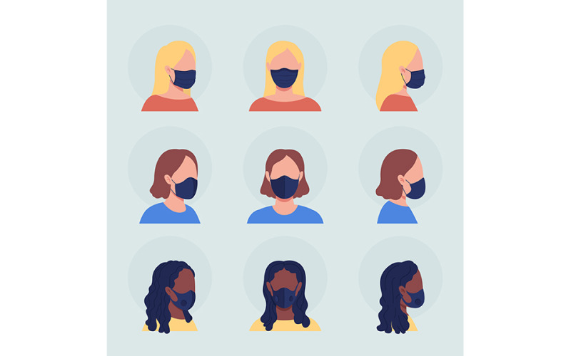Conjunto de avatar de personaje de vector de color semiplano de diferentes mujeres en máscara