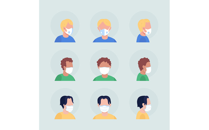 Coronavirus masks semi flat color vector character avatar set