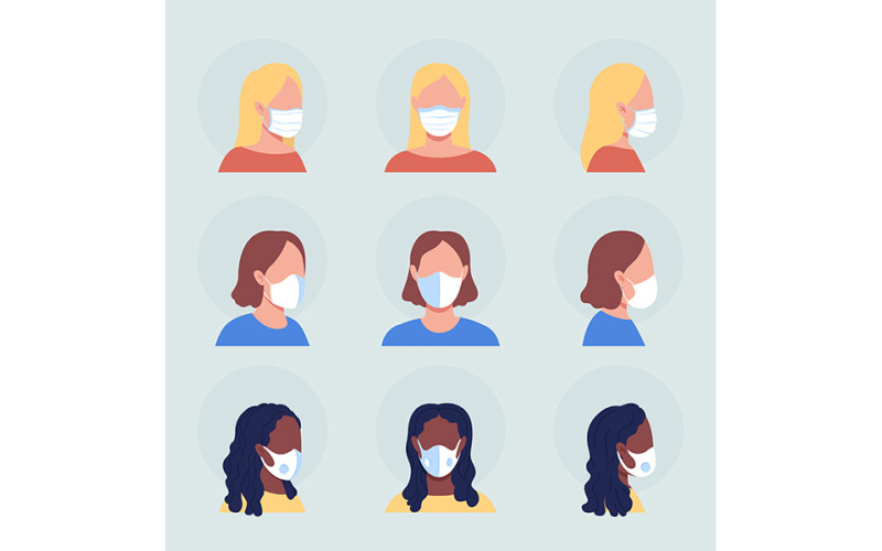 Damer med vita masker semi platt färg vektor karaktär avatar set