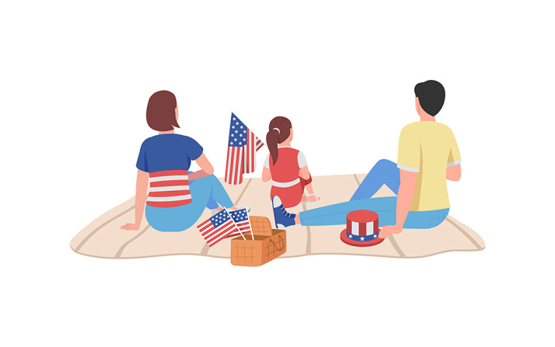Familia estadounidense el 4 de julio carácter vectorial de color semiplano