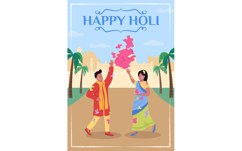 Happy Holi плакат с плоским векторным шаблоном