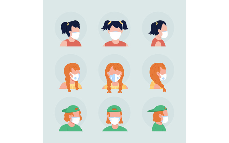 Máscaras de pano para crianças conjunto de avatar de personagem de vetor de cor semi plana